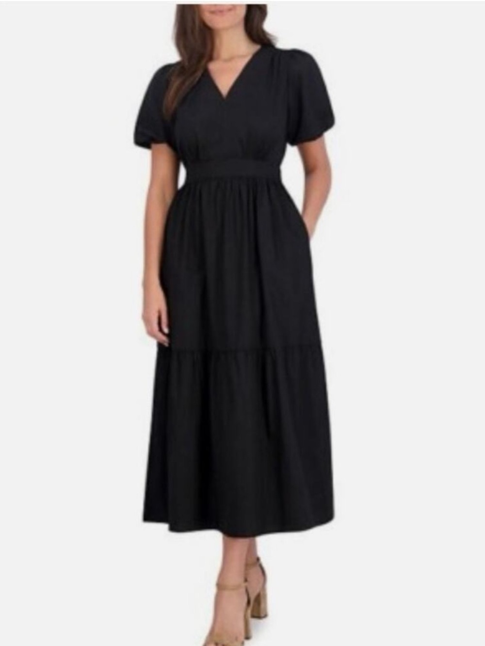 French Connection Sz XL Black V-Neck Tiered Maxi Dress with Puff Sleeves
